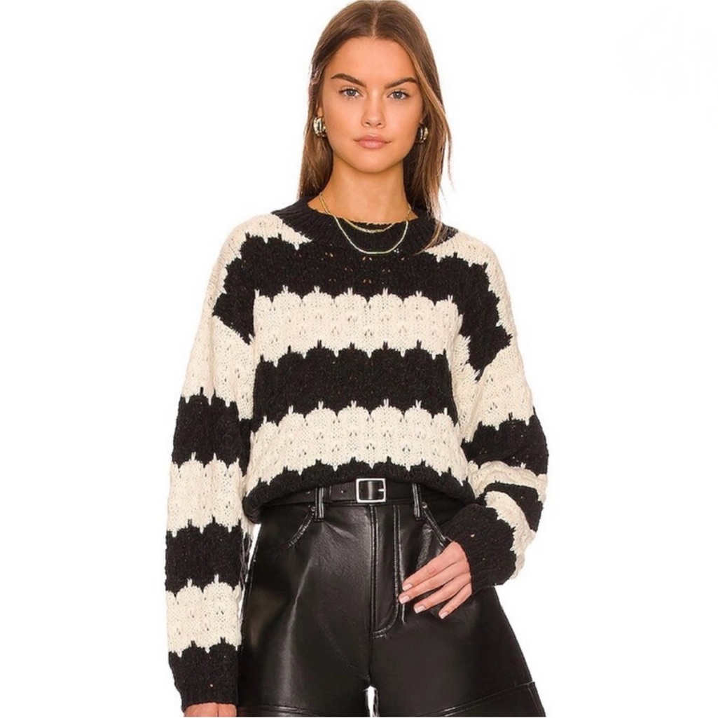 Line & Dot Beckett Sweater Crewneck Pullover Knit Black Ivory Stripe